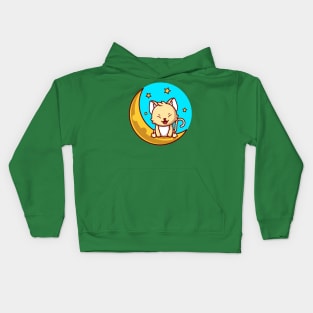 Cute Cat Sitting On Sickle Moon With Stars Cartoon Kids Hoodie